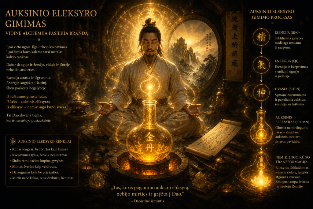 Daoistų alchemikas medituoja prieš švytintį auksinį eleksyrą, simbolizuojantį vidinės alchemijos kulminaciją.