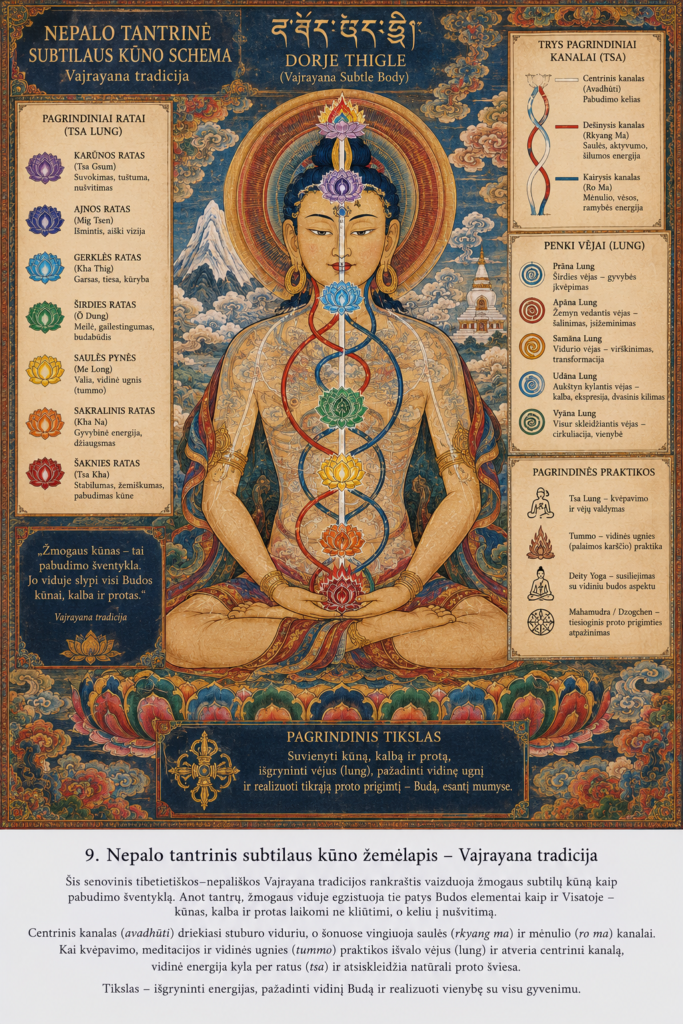 Nepalo Vajrajanos subtilaus kūno žemėlapis su čakromis ir kanalais.