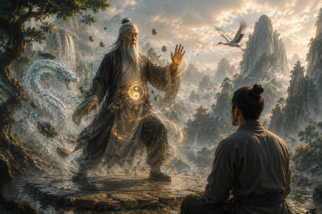 Legendinis daoistų qigong meistras demonstruoja vidinės alchemijos galią kalnų šventykloje, o mokinys stebi nemirtingumo kelio paslaptis.