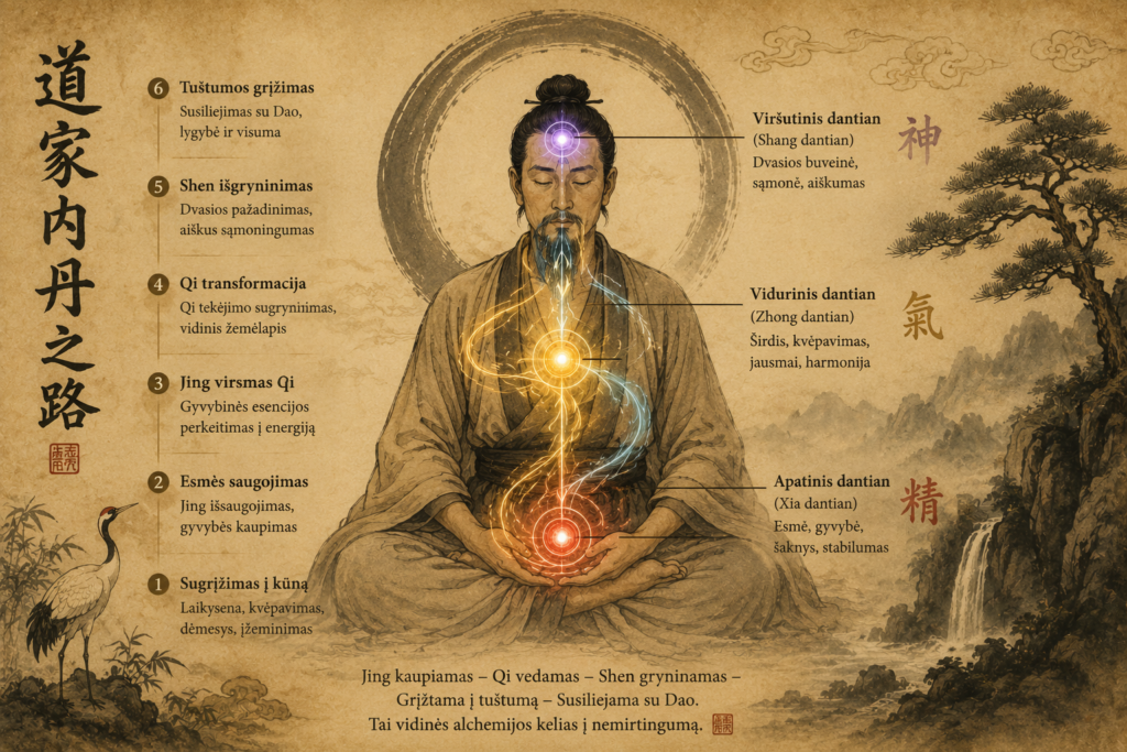 Daoistinės vidinės alchemijos iliustracija su medituojančiu meistru, trimis dantioan centrais, qi energijos tėkme ir šešiomis dvasinio tobulėjimo oakopomis pagal senąją kinų cigun tradiciją