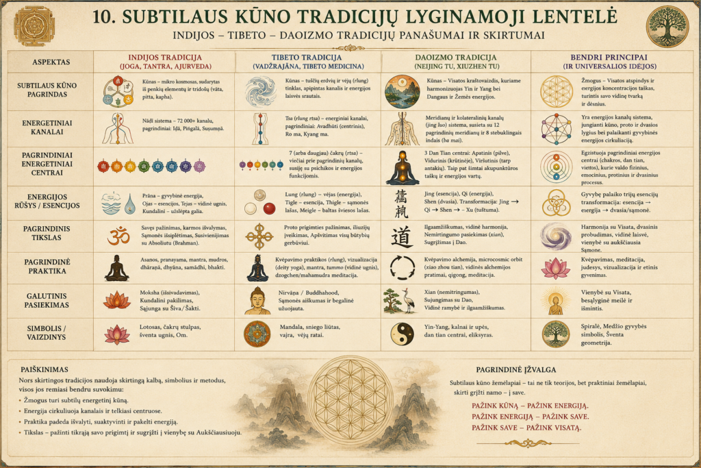 Indijos, Tibeto ir Daoizmo subtilaus kūno tradicijų palyginimas.