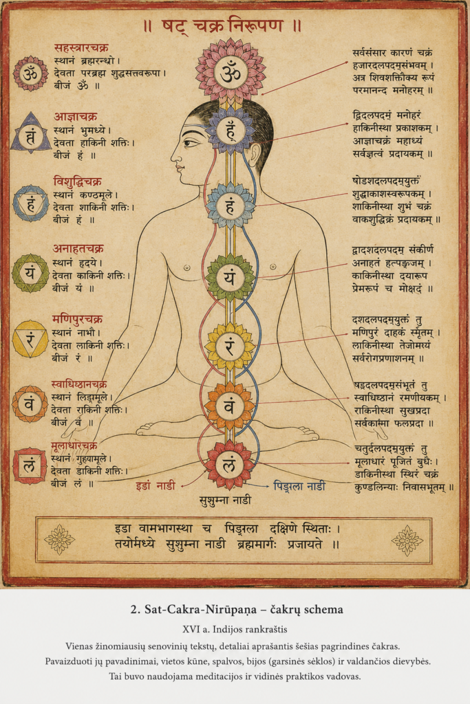 Sat-Cakra-Nirūpaṇa čakrų schema su septyniais energetiniais centrais.